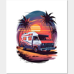 Vintage Camper Van Tropical Sunset Posters and Art